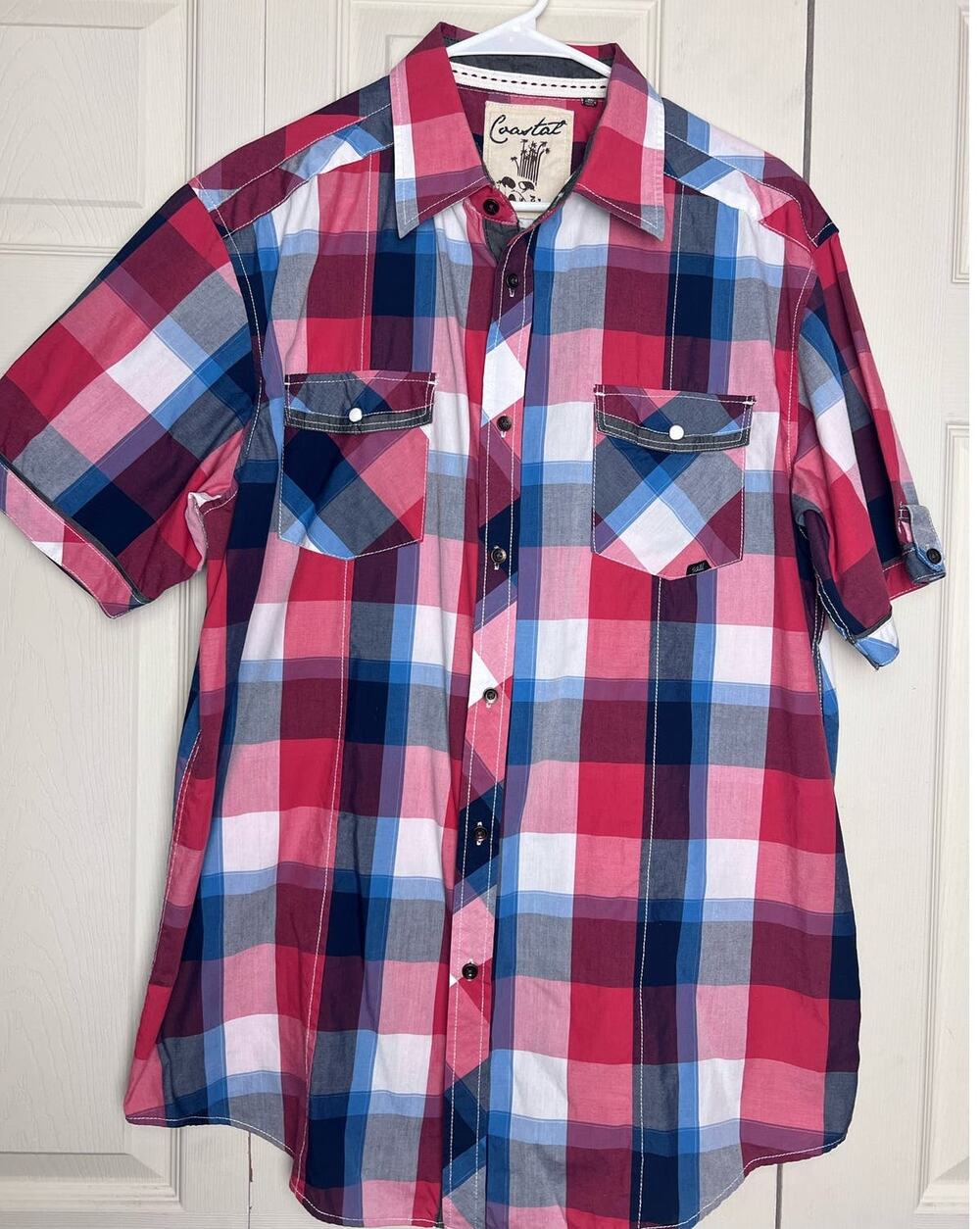 Coastal Men's Red White Blue Plaid Shirt Size XL Short Sleeve Button Up